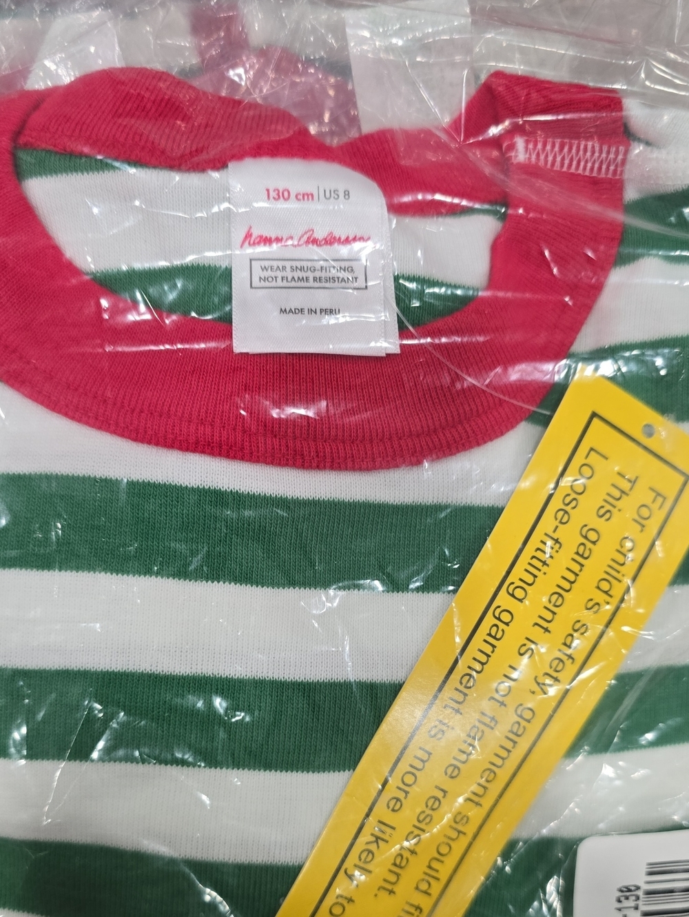Hanna Andersson Green & White Striped Pajama Top with Red Neck Trim